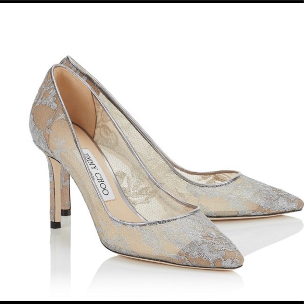 Perfect Condition Jimmy Choo Silver Lace Heels